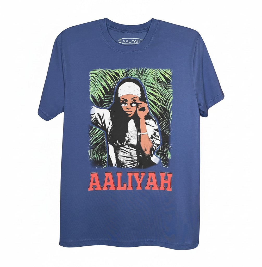Velouria Vintage blue cotton t-shirt featuring a graphic print of Aaliyah in front of jungle leaves