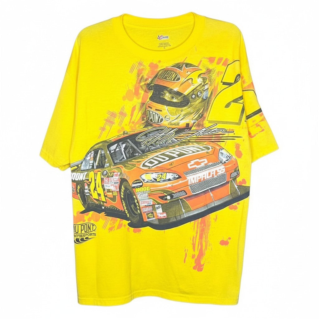 Velouria Vintage 2008 Jeff Gordon Nascar graphic t-shirt in bright yellow cotton with race car and helmet print