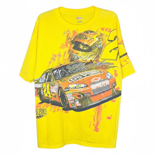 Velouria Vintage 2008 Jeff Gordon Nascar graphic t-shirt in bright yellow cotton with race car and helmet print