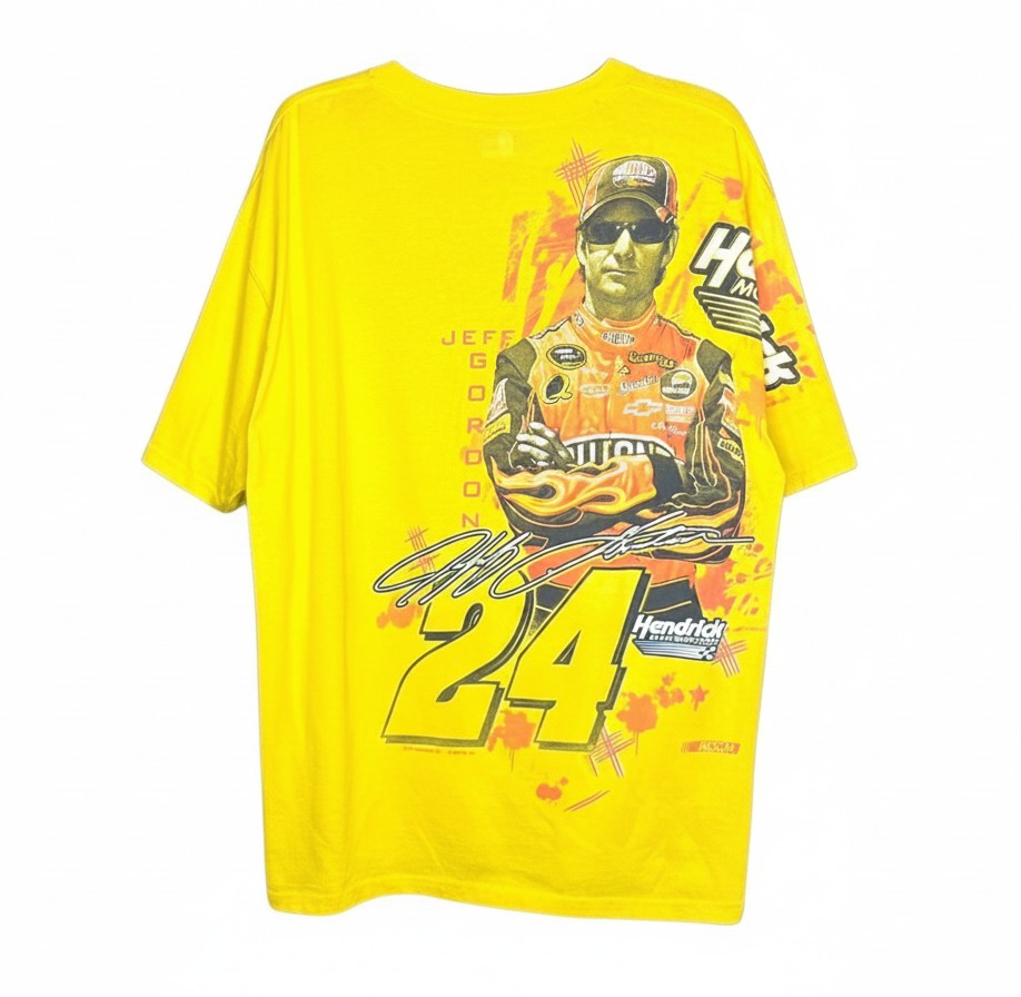 Velouria Vintage 2008 Jeff Gordon Nascar graphic t-shirt in bright yellow cotton with driver portrait and number 24