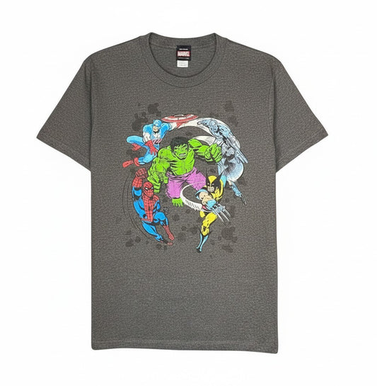 Velouria Vintage 90s grey cotton t-shirt featuring a Marvel Circle of Heroes graphic print with iconic superheroes.