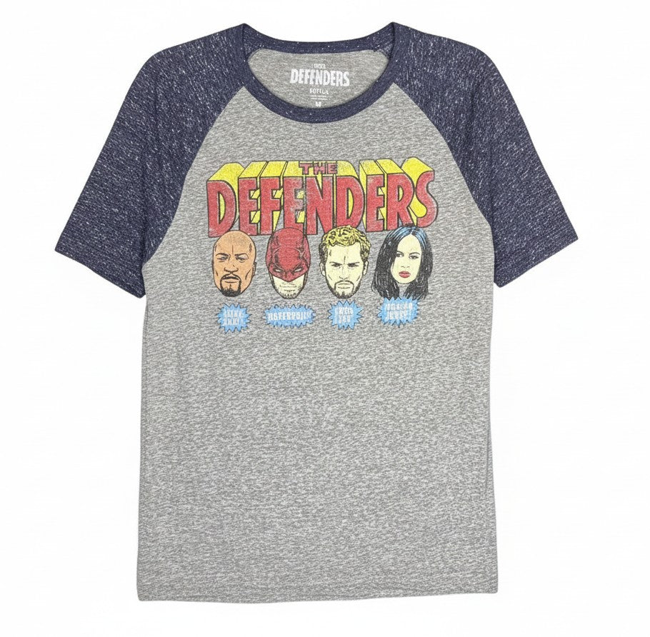 Velouria Vintage Marvel The Defenders raglan t-shirt in grey and navy blue cotton blend with vintage comic graphic