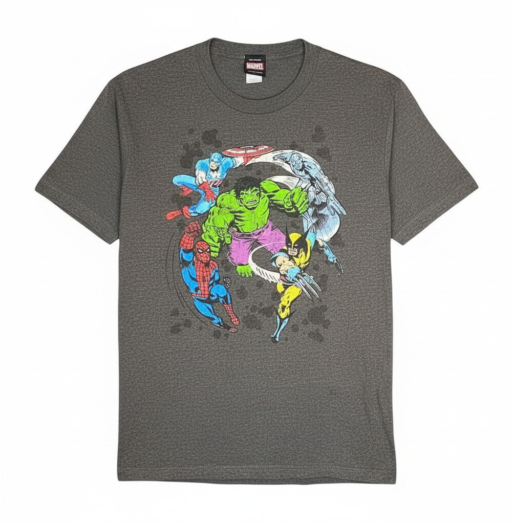 Velouria Vintage 90s Marvel Circle Of Heroes graphic t-shirt in grey cotton featuring iconic comic book characters