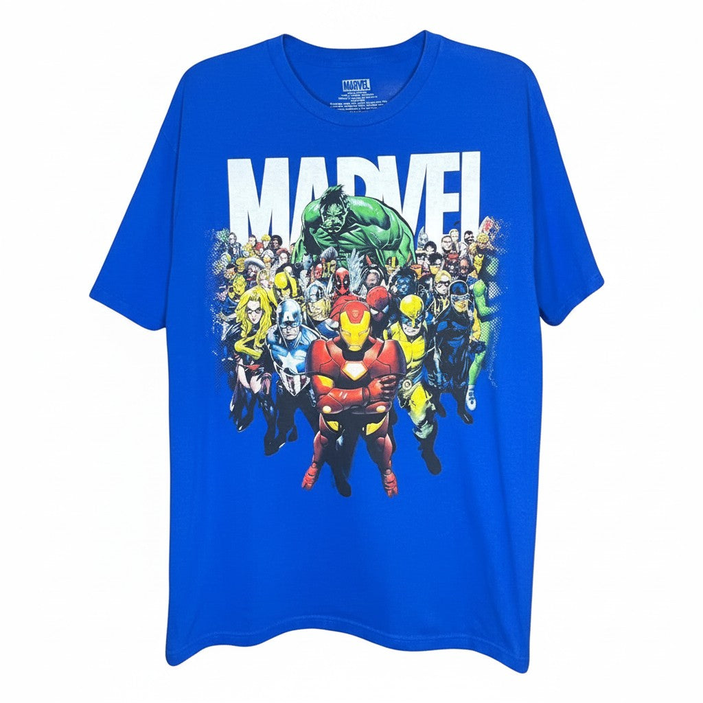 Velouria Vintage blue cotton t-shirt featuring a Marvel superhero graphic print with Hulk and Iron Man
