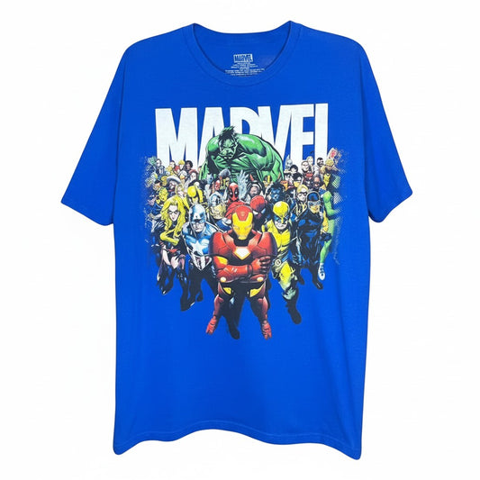 Velouria Vintage blue cotton t-shirt featuring a Marvel superhero graphic print with Hulk and Iron Man
