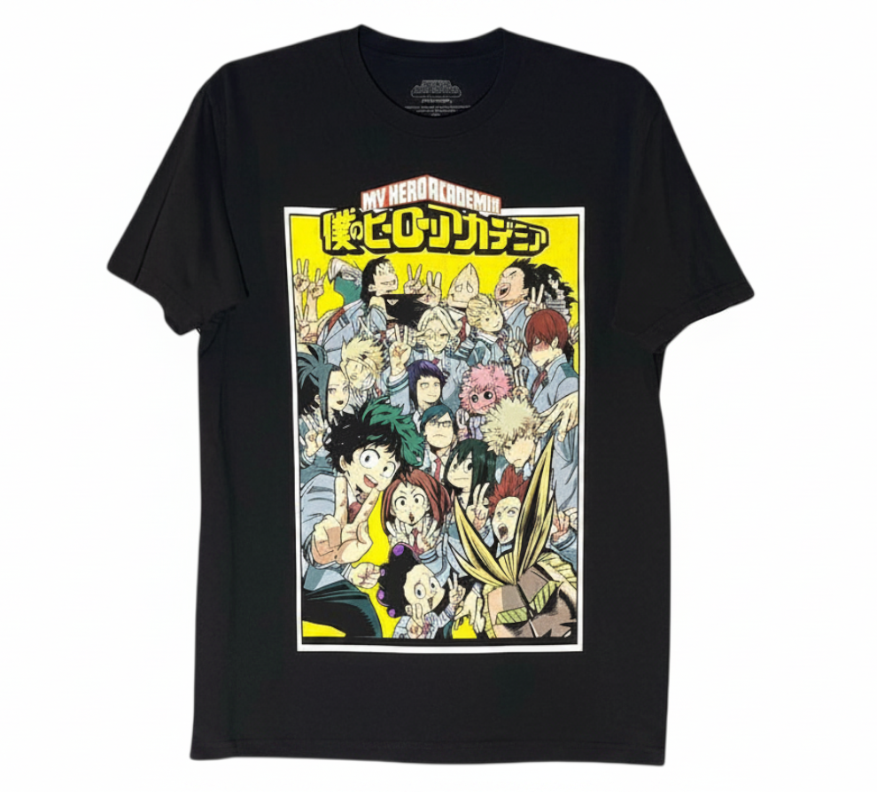 Velouria Vintage black cotton t-shirt featuring a My Hero Academia group selfie graphic print