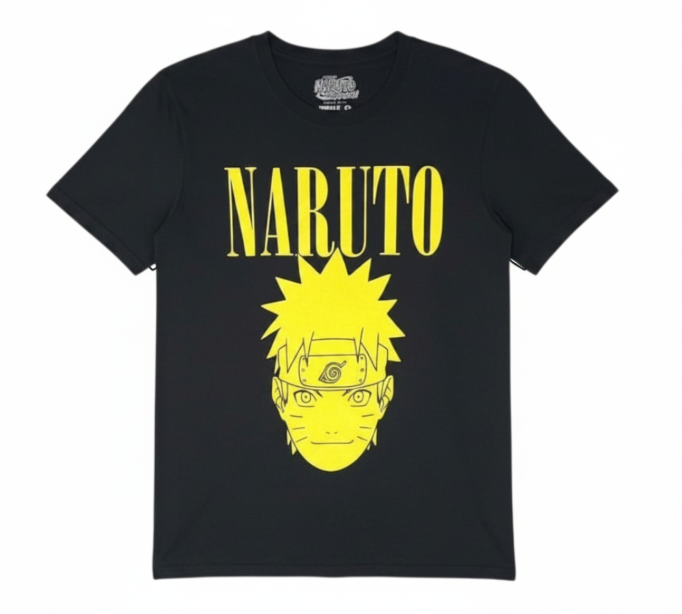 Velouria Vintage black 2007 Naruto Shippuden cotton t-shirt with a yellow graphic print of Naruto Uzumaki's face.
