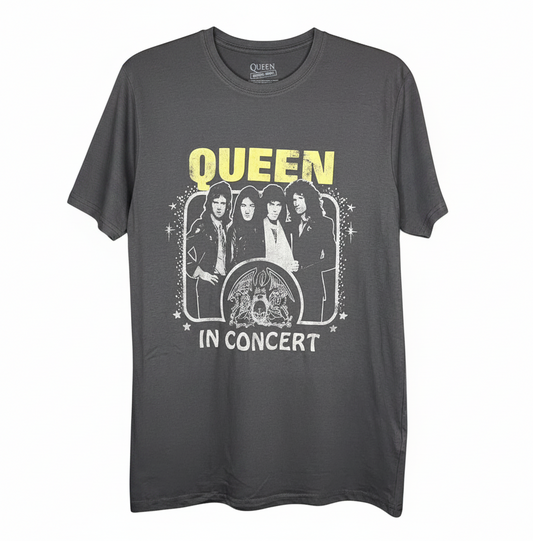 Velouria Vintage charcoal grey 100% cotton Queen In Concert band t-shirt with vintage-style graphic print