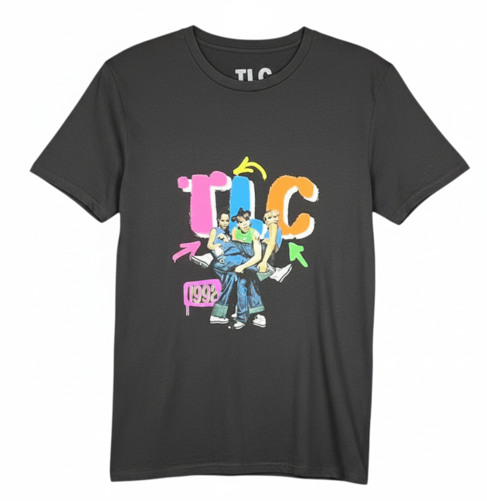 Velouria Vintage black cotton crew neck t-shirt featuring a colorful 1992 TLC graphic print on the front.