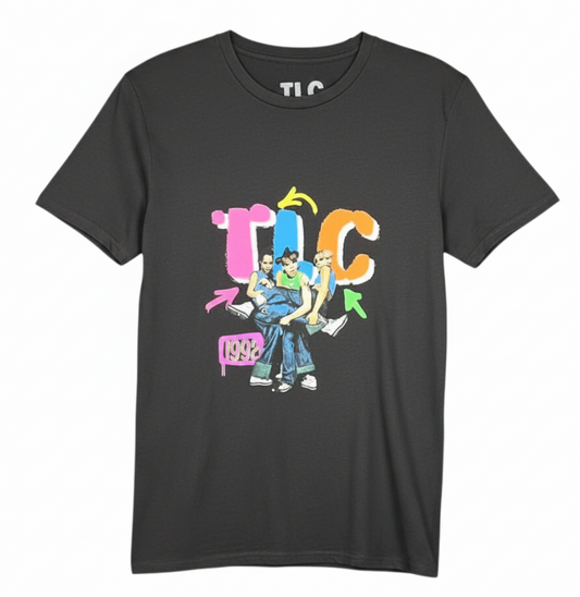 Velouria Vintage black cotton crew neck t-shirt featuring a colorful 1992 TLC graphic print on the front.