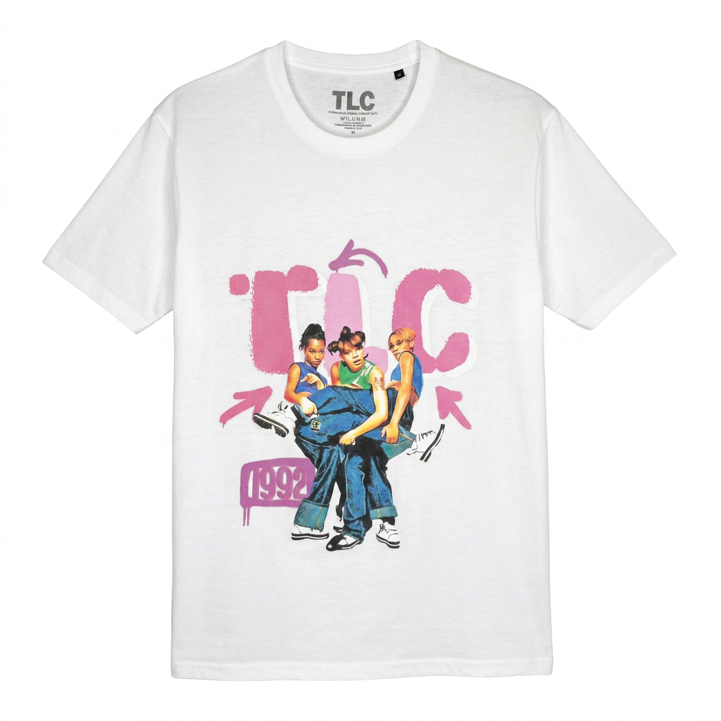 Velouria Vintage white 100% cotton crew neck t-shirt featuring a 1992 TLC music group graphic print