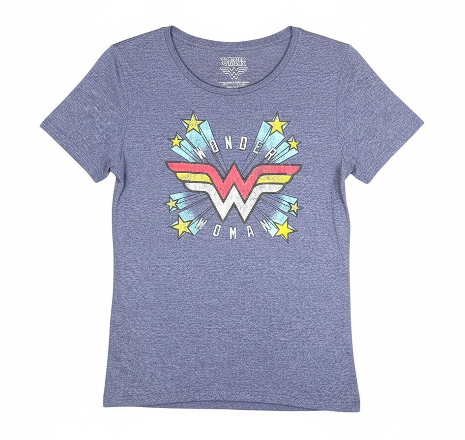 Velouria Vintage blue heathered cotton blend t-shirt featuring a retro Wonder Woman emblem graphic print
